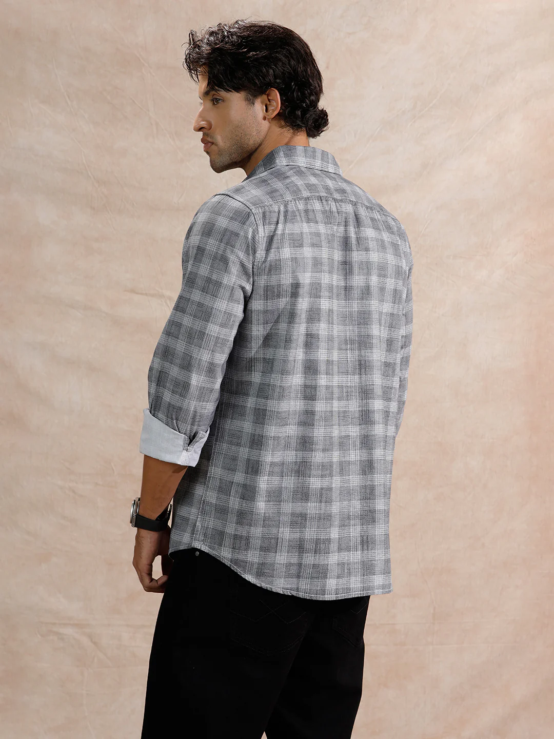 Textured Checks Regular Fit Shirt | Grey - Image 3