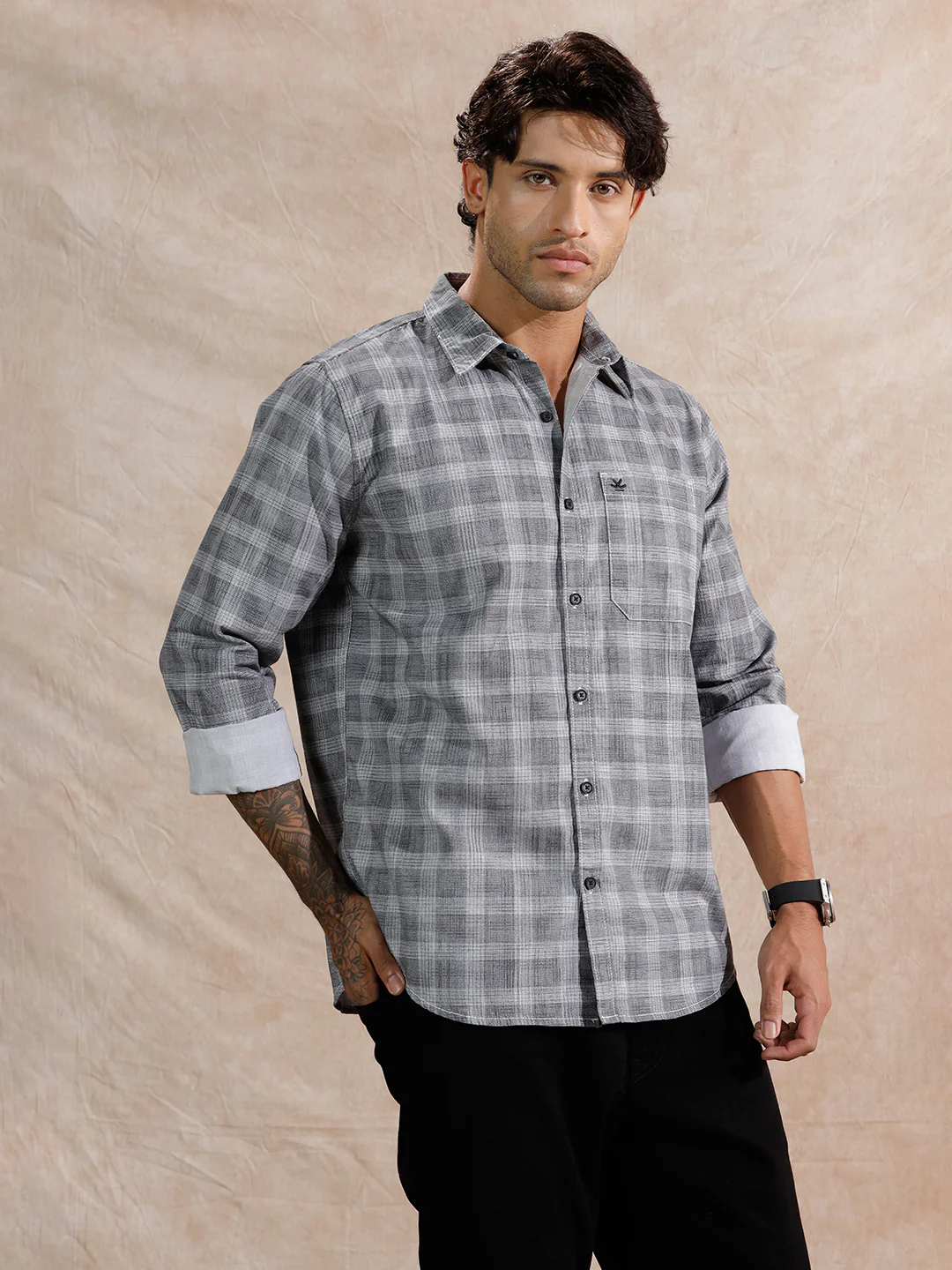 Textured Checks Regular Fit Shirt | Grey - Image 4