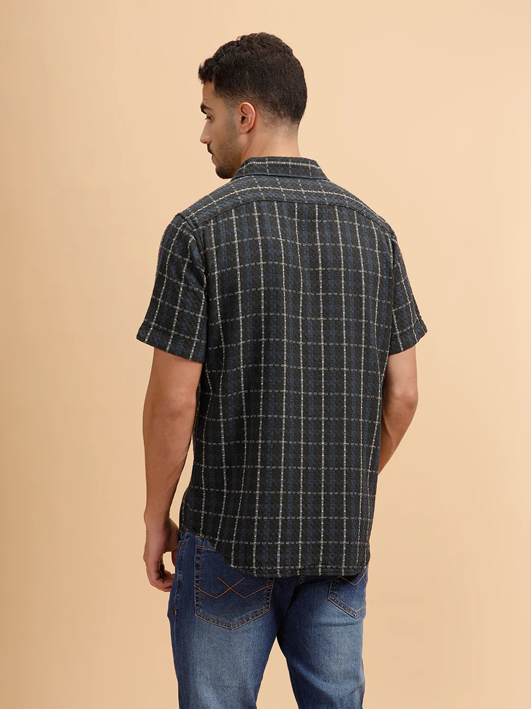 Textured Checks Short Sleeve Shirt | Black - Image 3
