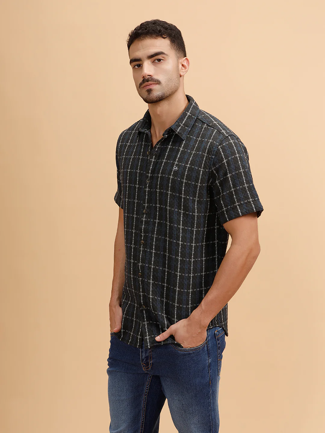 Textured Checks Short Sleeve Shirt | Black - Image 4
