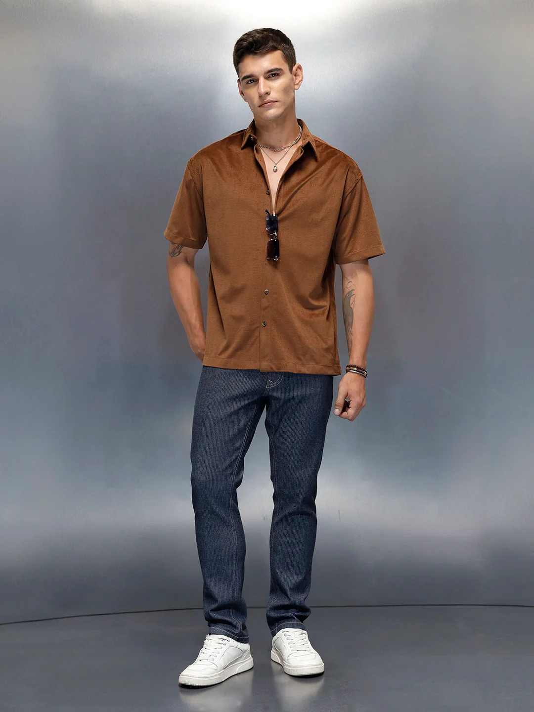 Textured Classic Men’s Oversized Fit Shirt | Khaki - Image 2