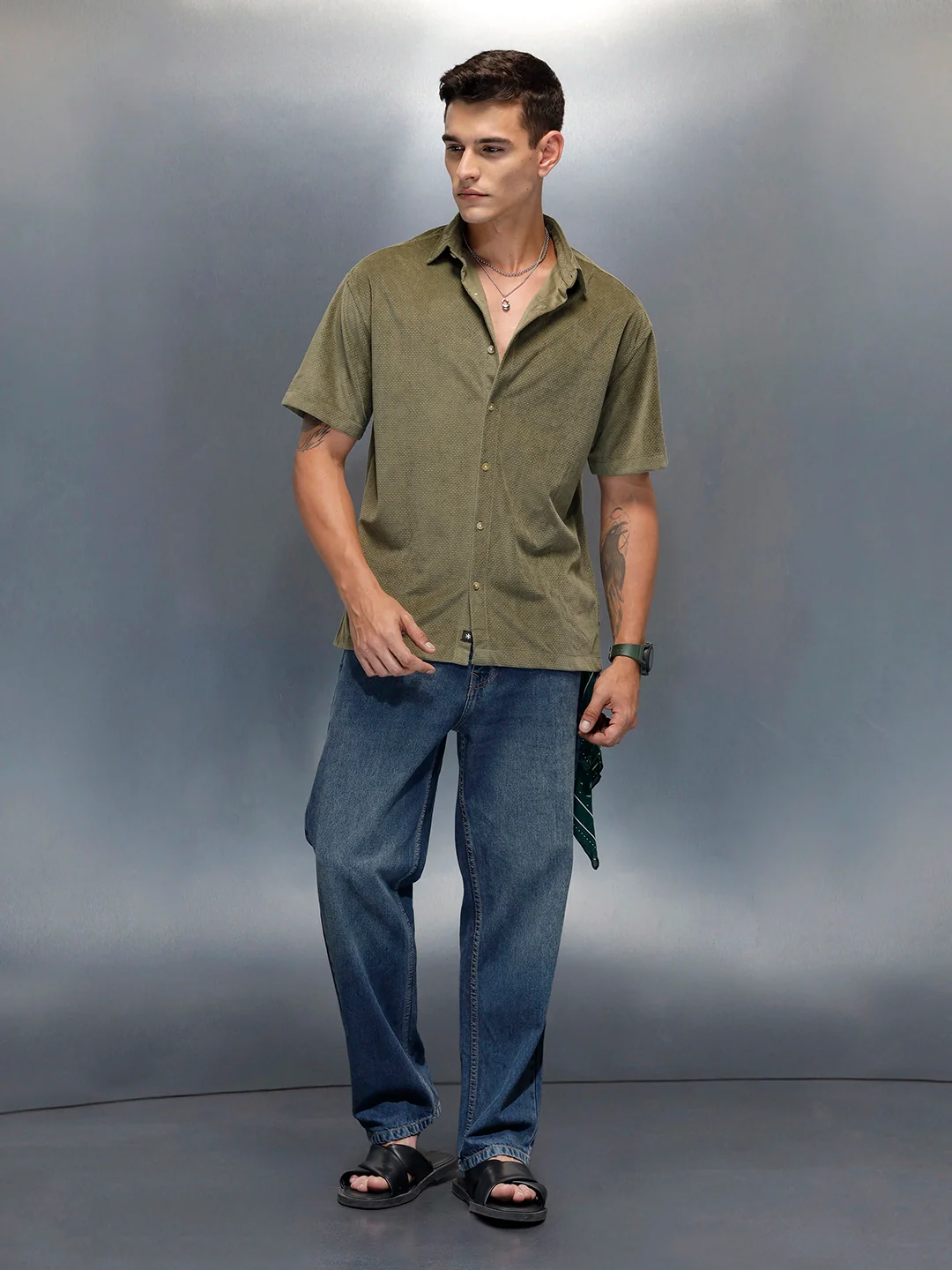Textured Classic Men’s Oversized Fit Shirt | Olive - Image 2