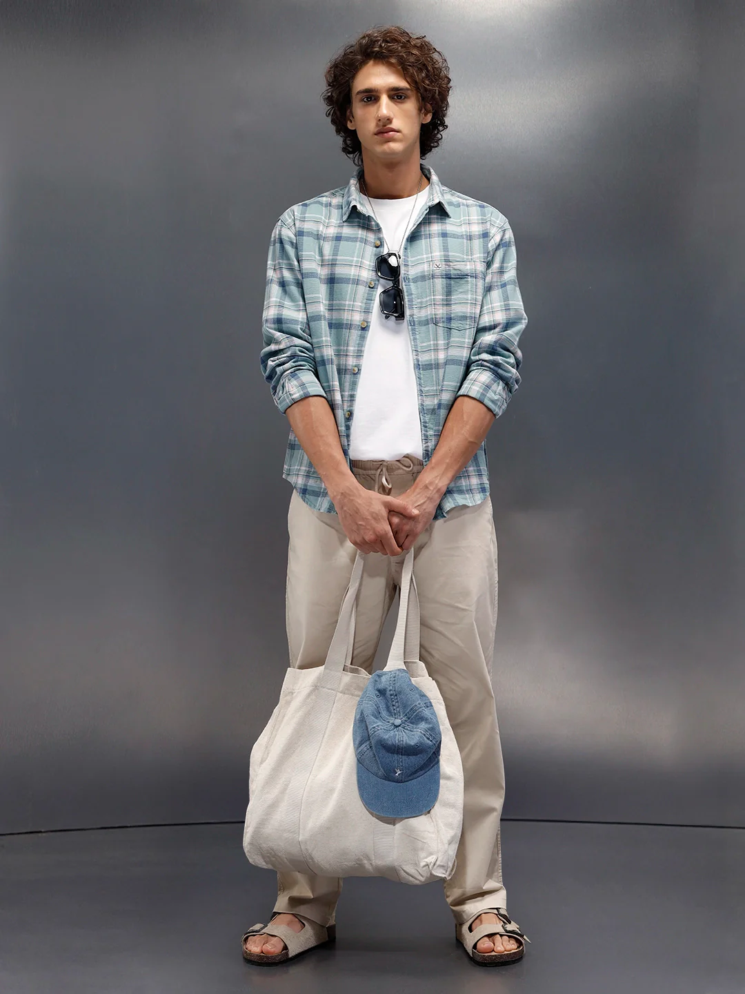 Textured Comfort Fit Checkered Pattern Shirt With Branding| Blue - Image 2