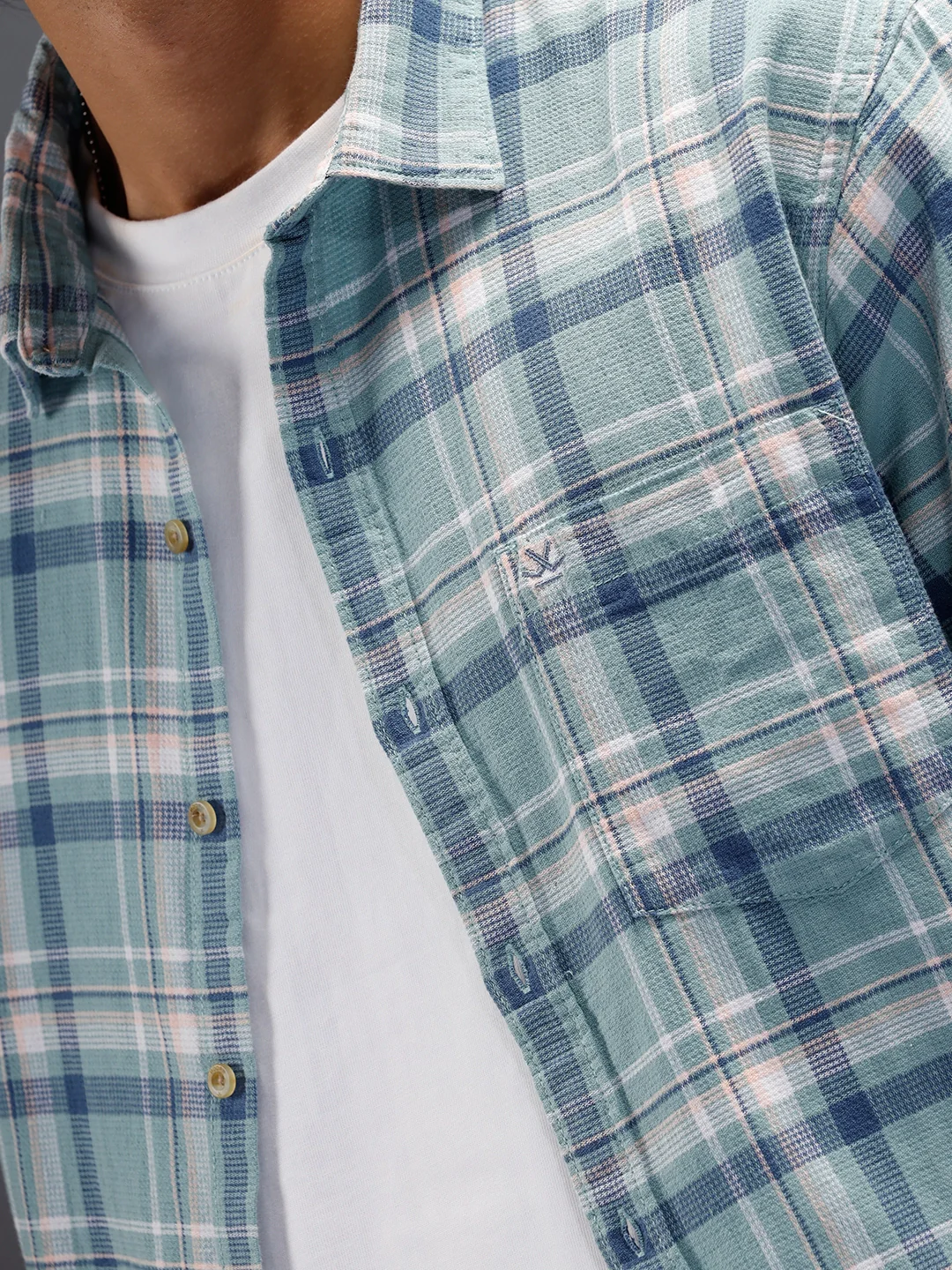 Textured Comfort Fit Checkered Pattern Shirt With Branding| Blue - Image 5