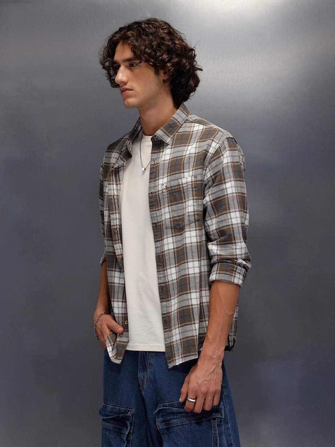 Textured Comfort Fit Checkered Pattern Shirt With Branding | Brown - Image 4