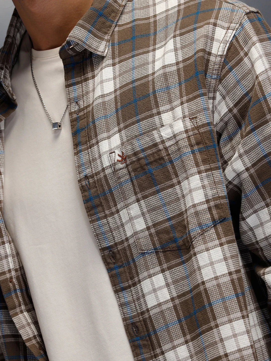 Textured Comfort Fit Checkered Pattern Shirt With Branding | Brown - Image 5
