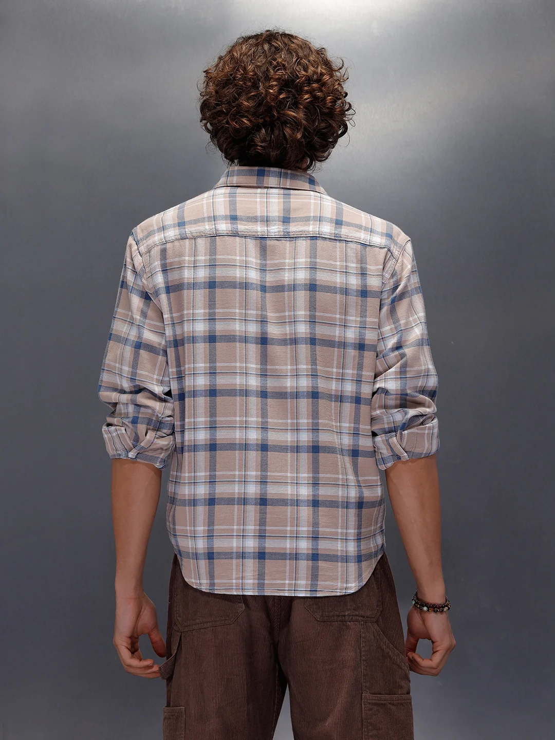 Textured Comfort Fit Checkered Pattern Shirt With Branding | Khaki - Image 3