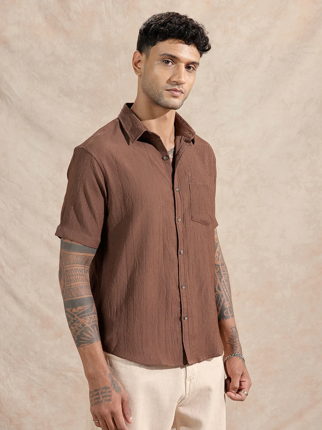 Textured Comfort Fit Shirt | Dark Khakhi - Image 4
