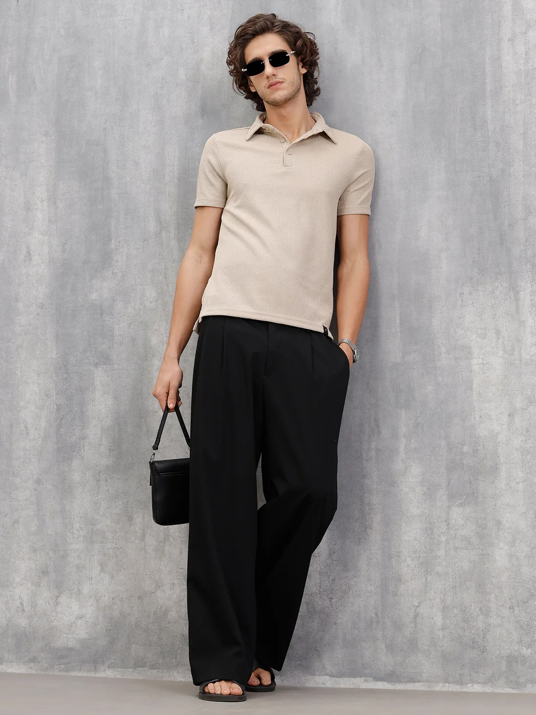 Textured Jacquard Self Design Polo In Slim Fit | Beige - Image 2