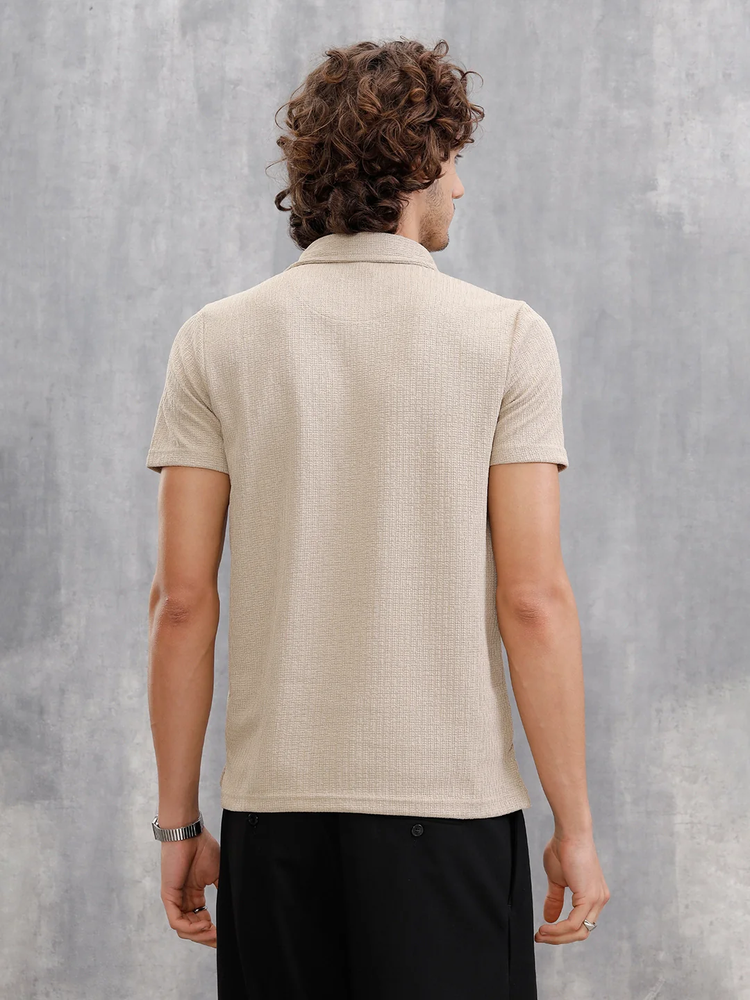 Textured Jacquard Self Design Polo In Slim Fit | Beige - Image 3