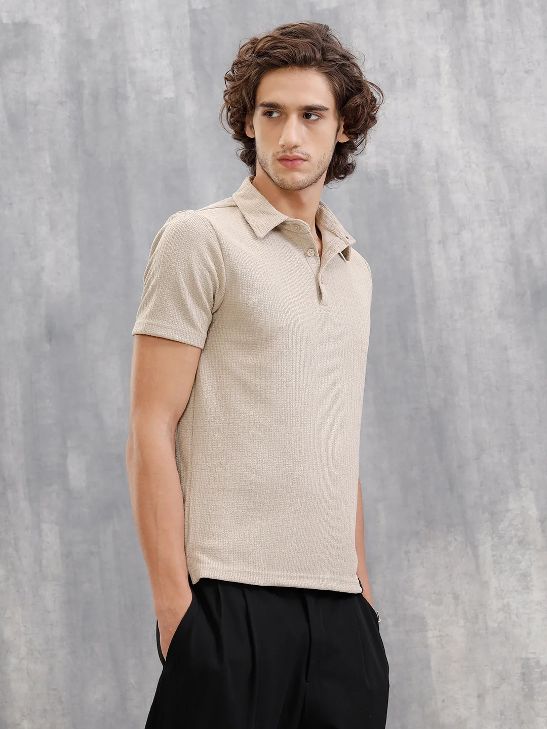 Textured Jacquard Self Design Polo In Slim Fit | Beige - Image 4