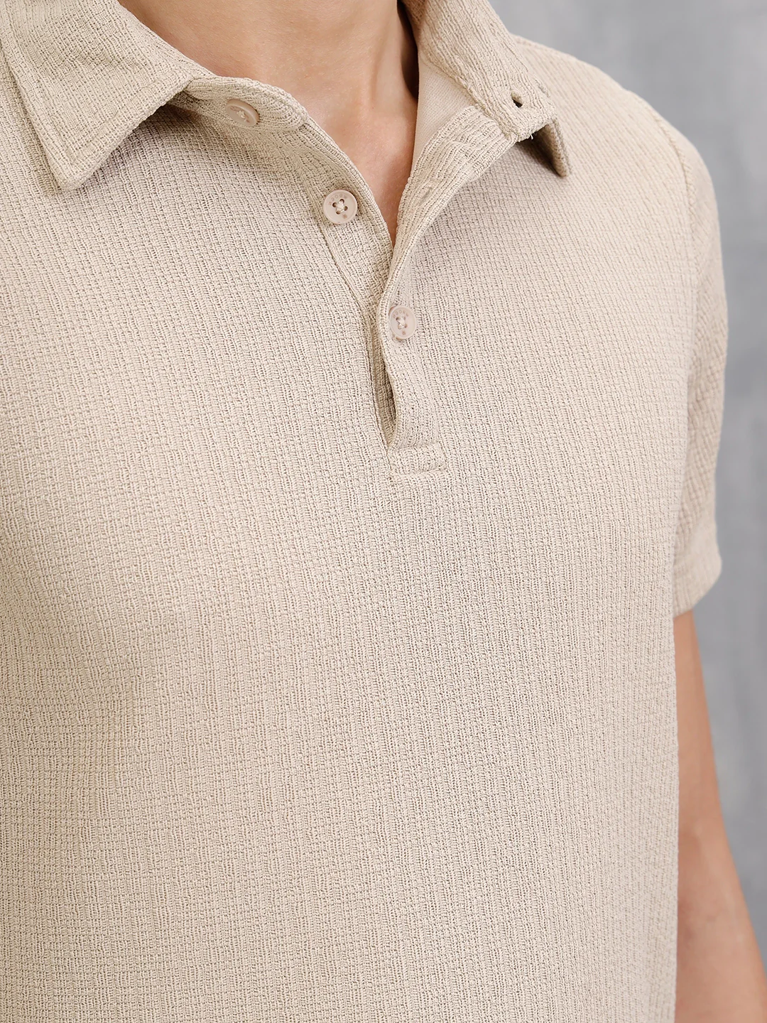 Textured Jacquard Self Design Polo In Slim Fit | Beige - Image 5