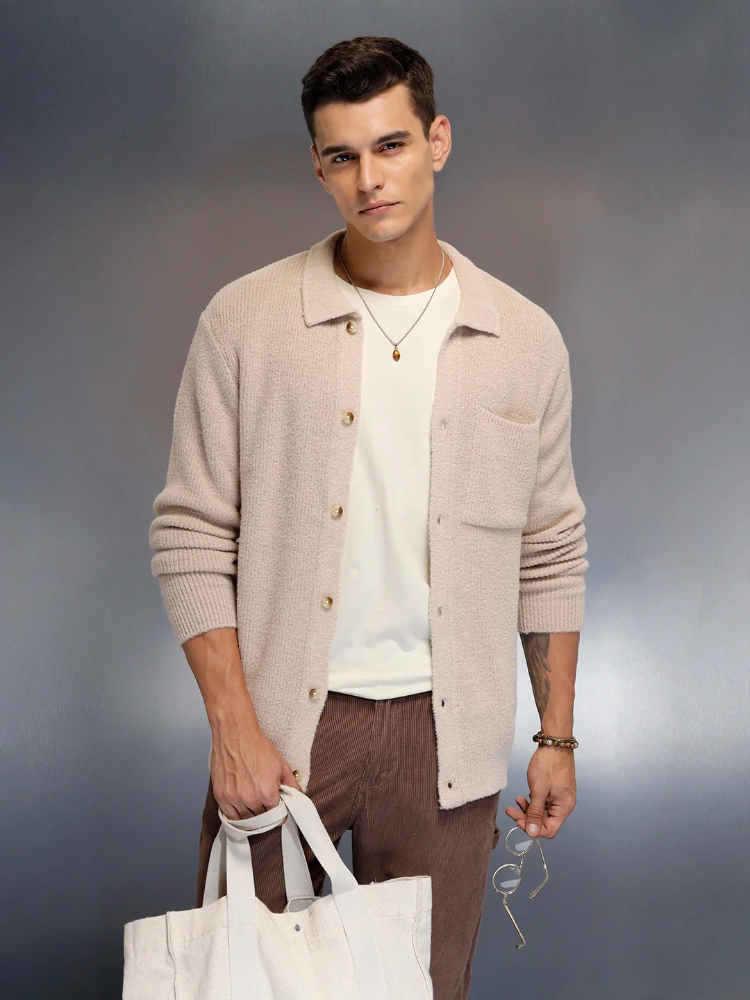 Textured Knit Button-Down Sweater  | Beige - Image 4