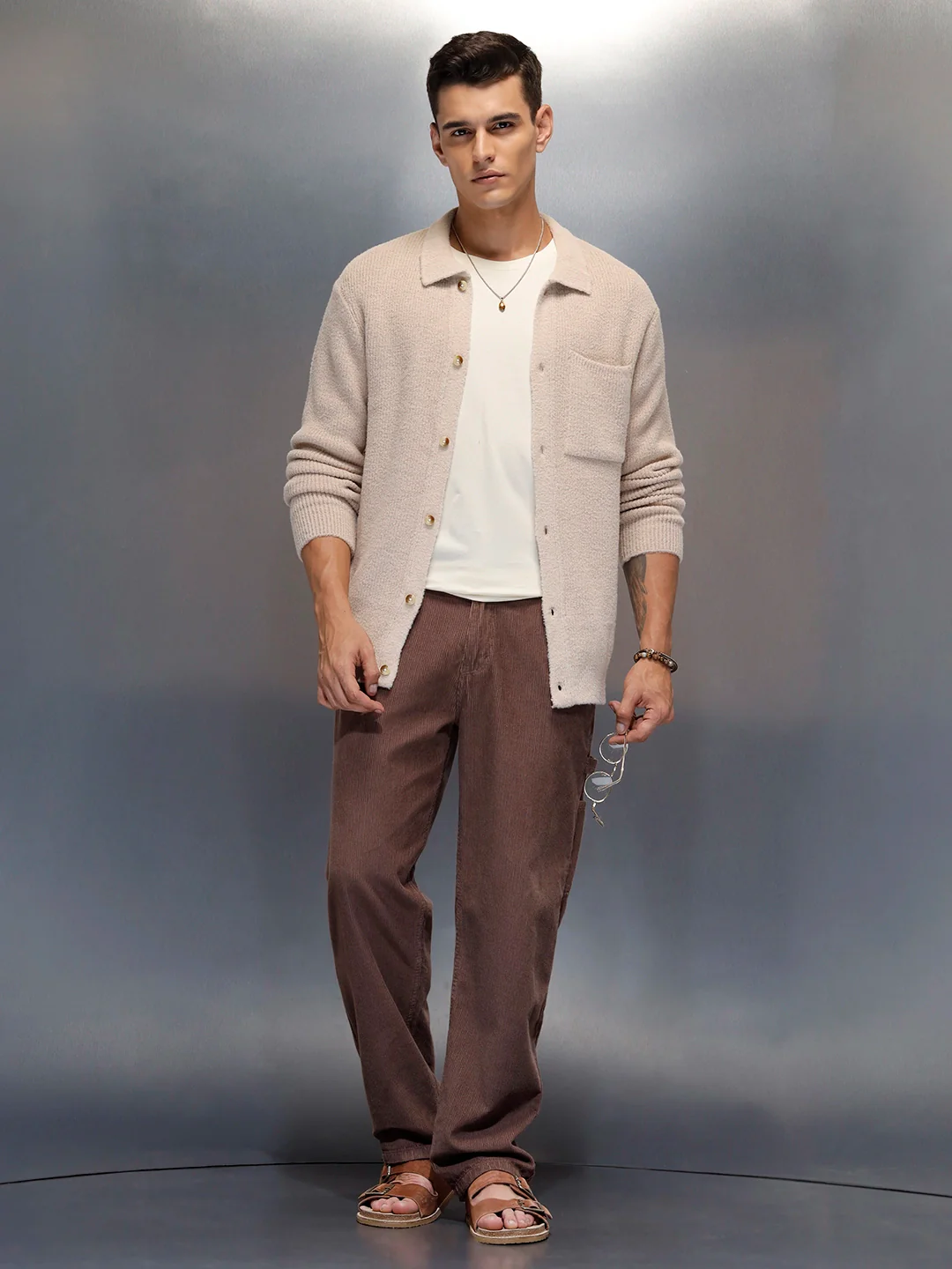 Textured Knit Button-Down Sweater  | Beige - Image 5