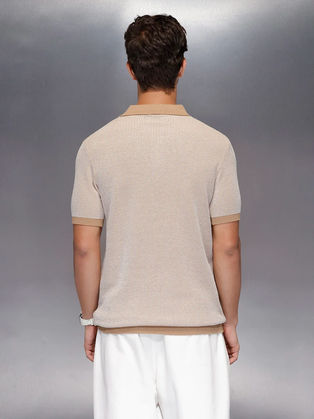 Textured knit polo tshirt with contrast collar | Khaki - Image 3