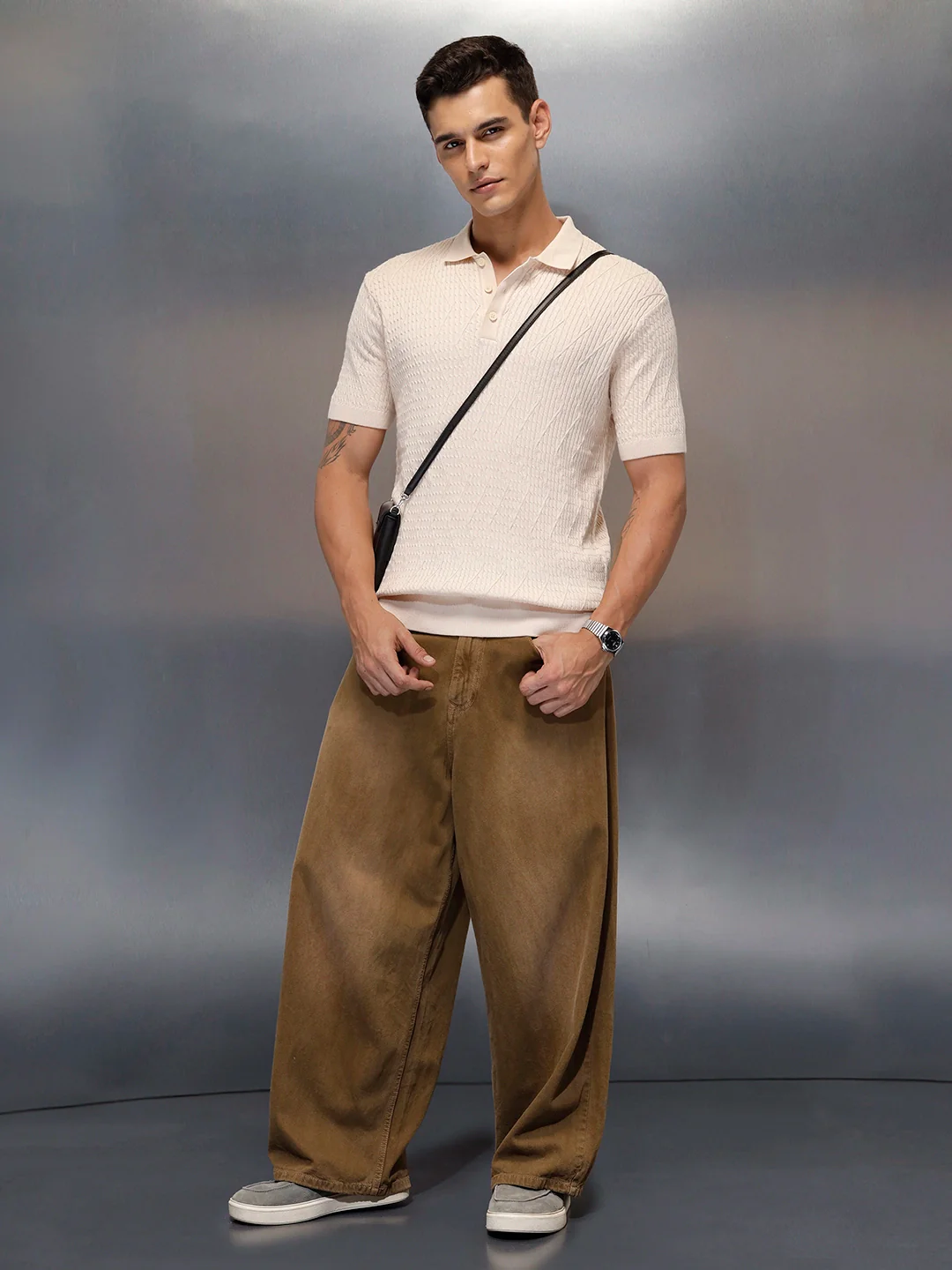 Textured Knit slim fit Polo T-shirt | Beige - Image 2