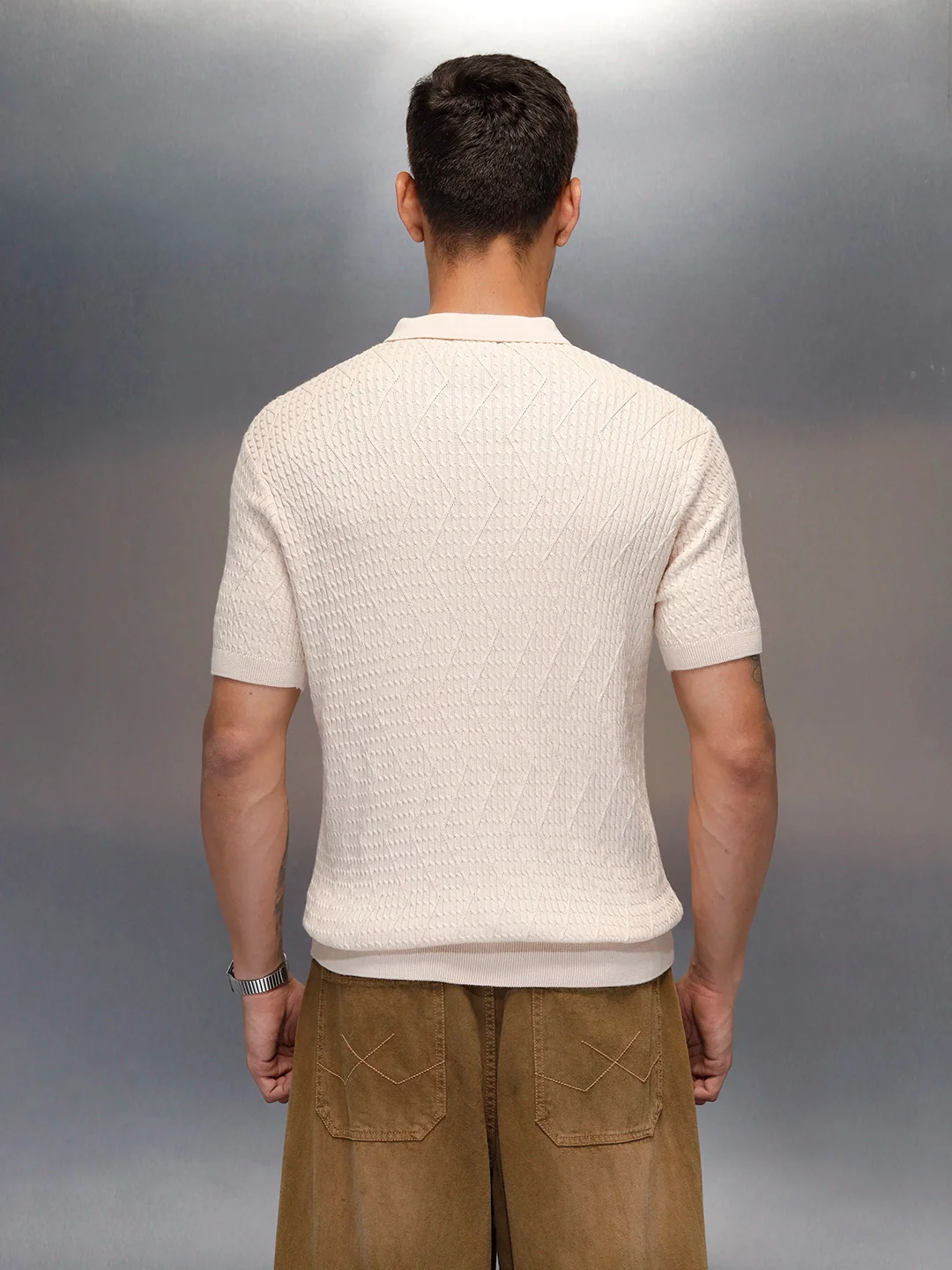 Textured Knit slim fit Polo T-shirt | Beige - Image 3