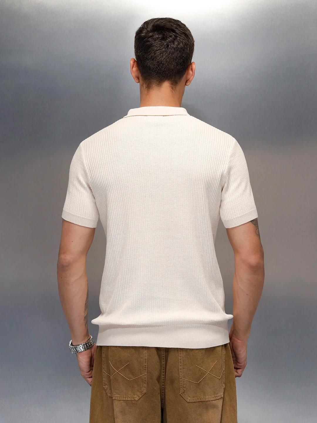 Textured Knit slim fit Polo T-shirt | Beige - Image 3