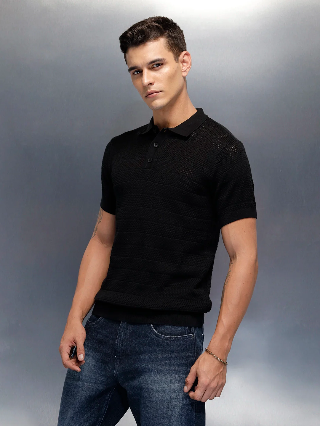 Textured Knit slim fit Polo T-shirt | Black - Image 4