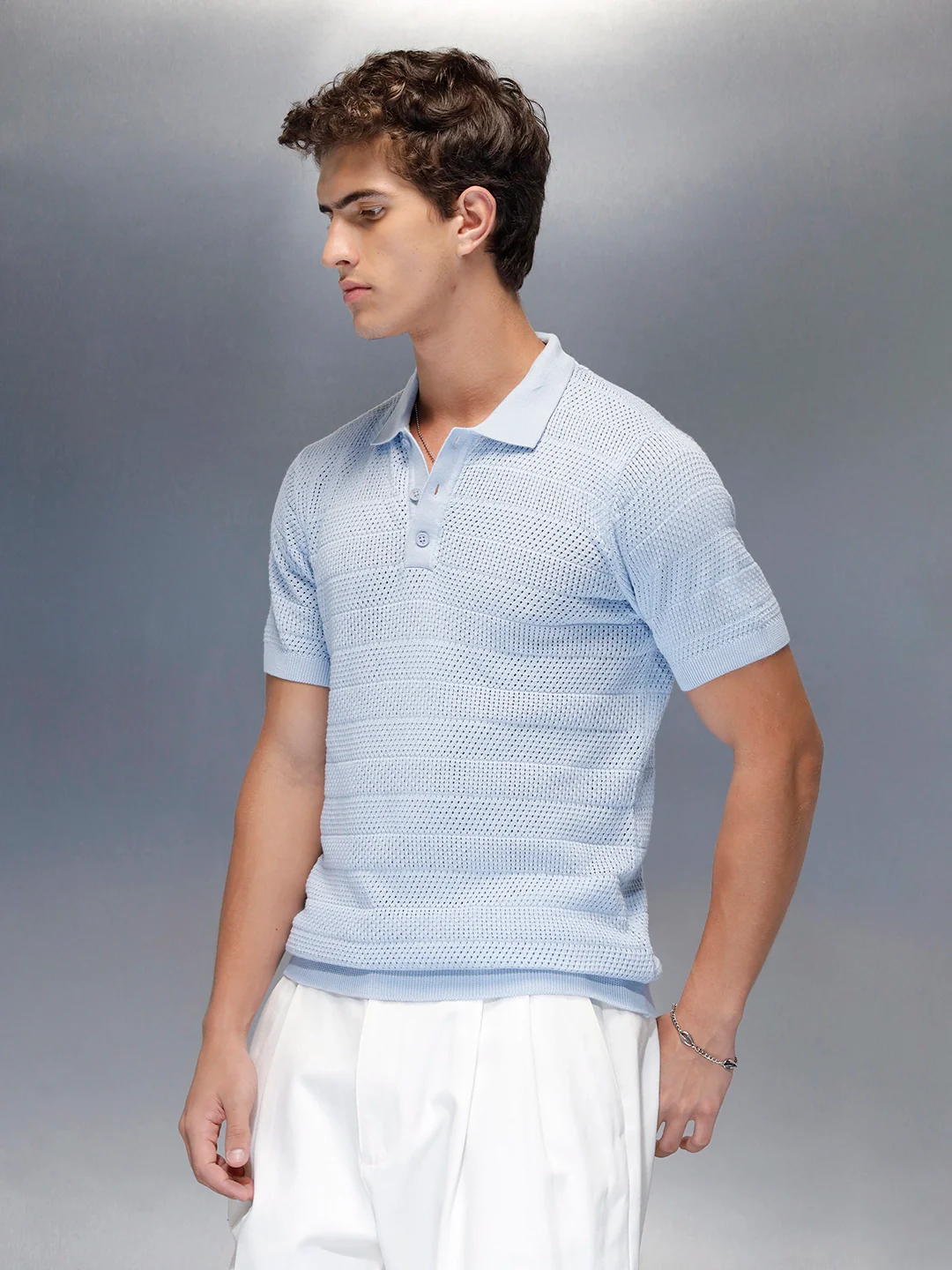 Textured Knit slim fit Polo T-shirt | Blue - Image 4