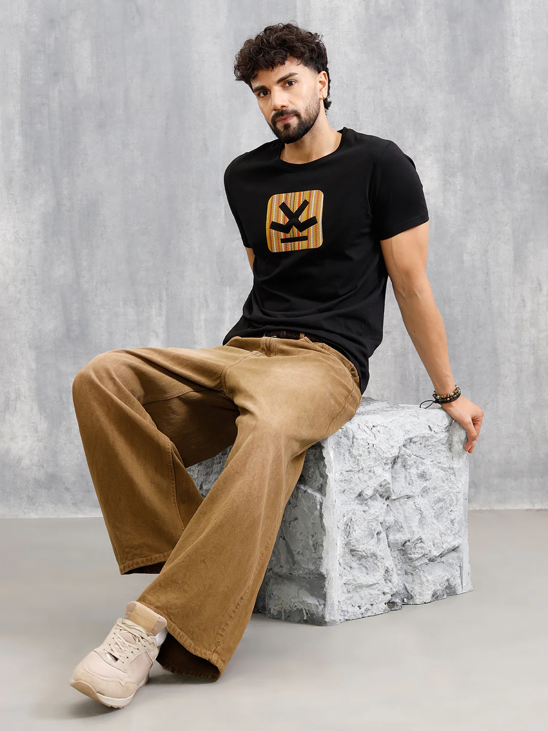 Textured Laser Cut Transfer Print Brand Carrier Crew Neck T-Shirt | Black - Image 2