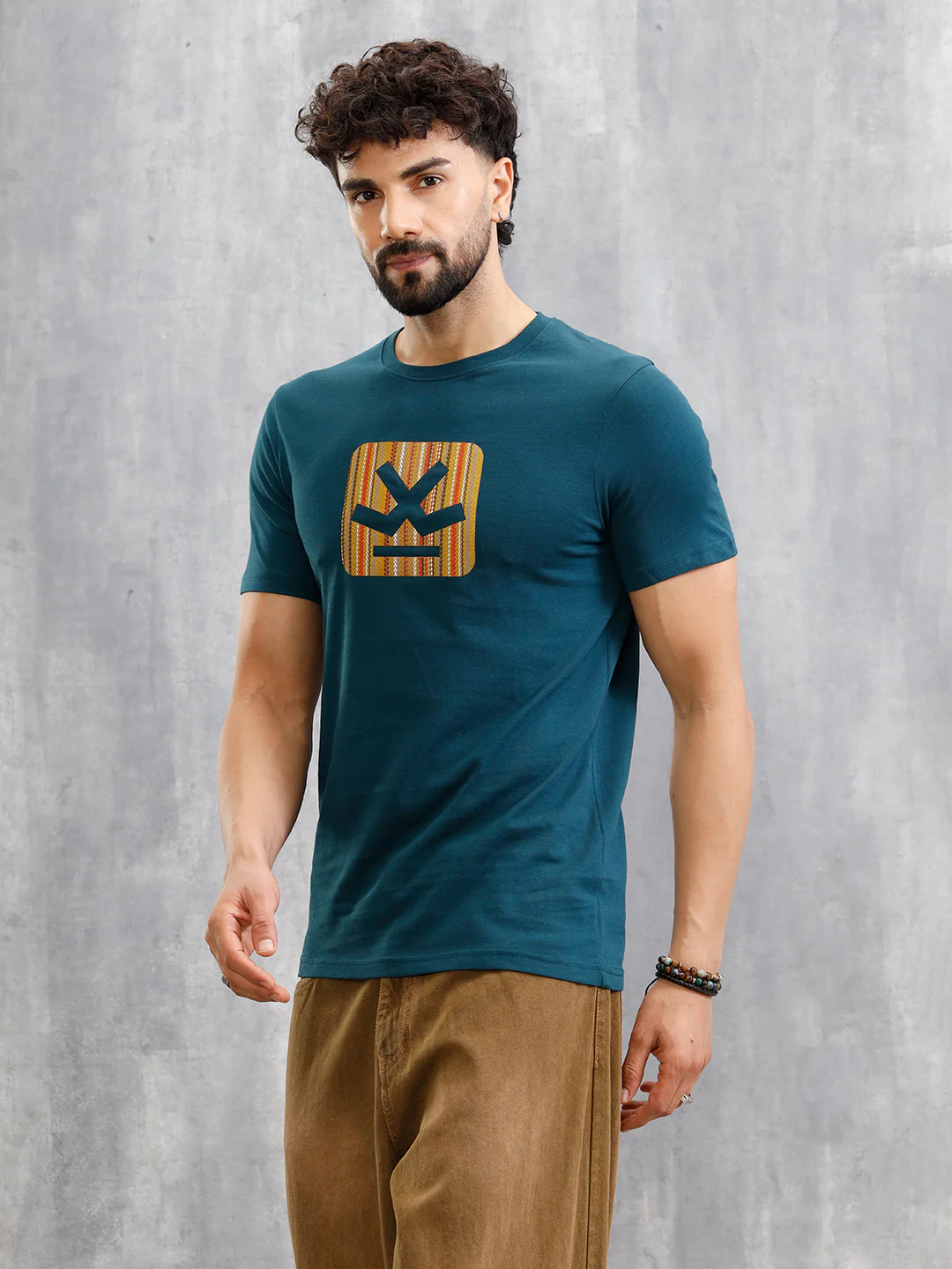 Textured Laser Cut Transfer Print Brand Carrier Crew Neck T-Shirt | Teal - Image 5