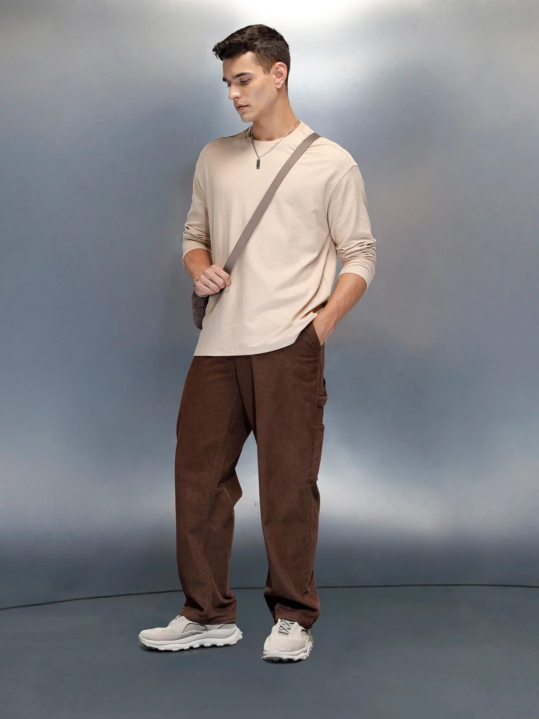Textured Men's Casual Oversized Fit T-Shirt | Beige - Image 2