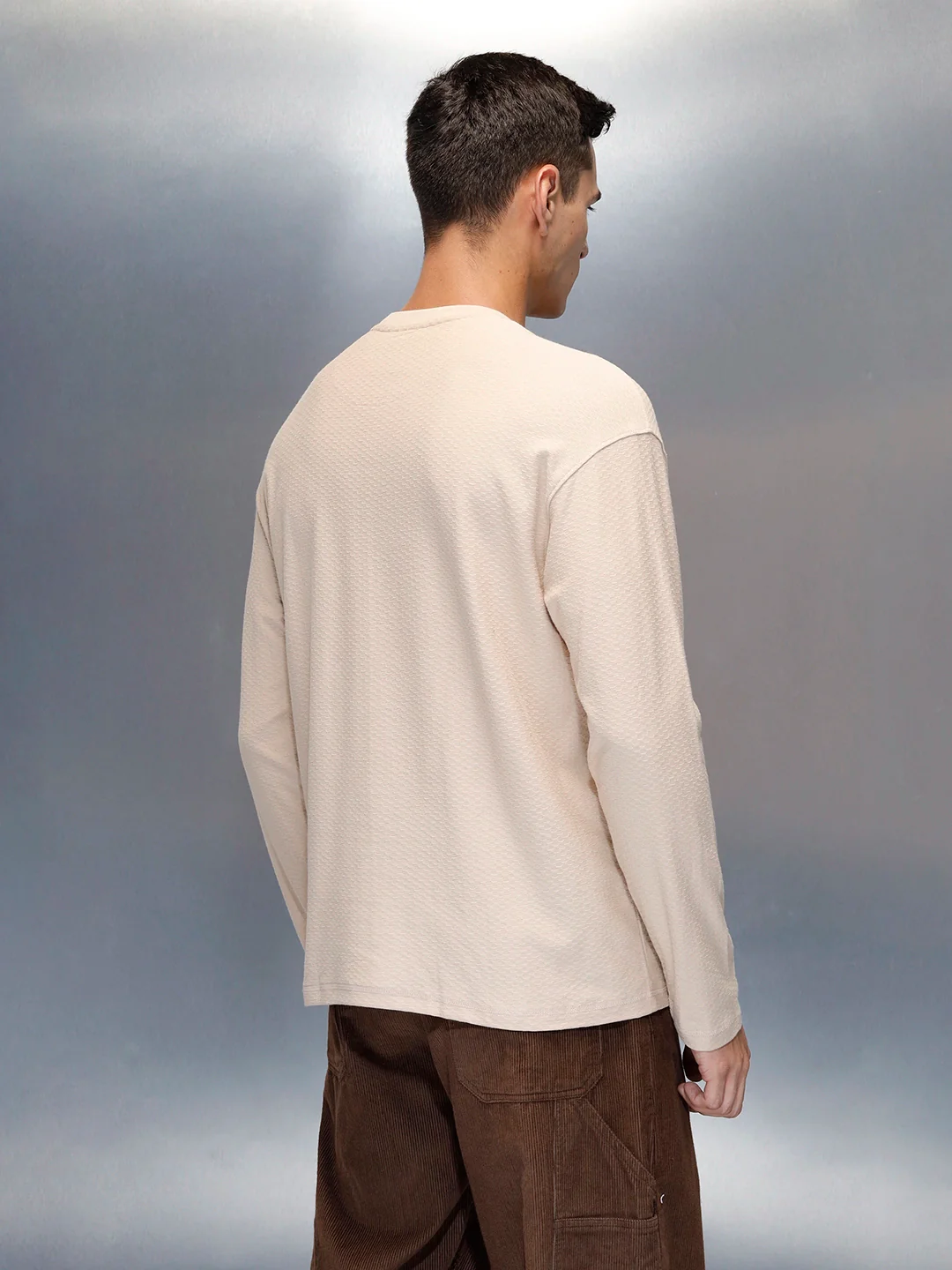 Textured Men's Casual Oversized Fit T-Shirt | Beige - Image 3
