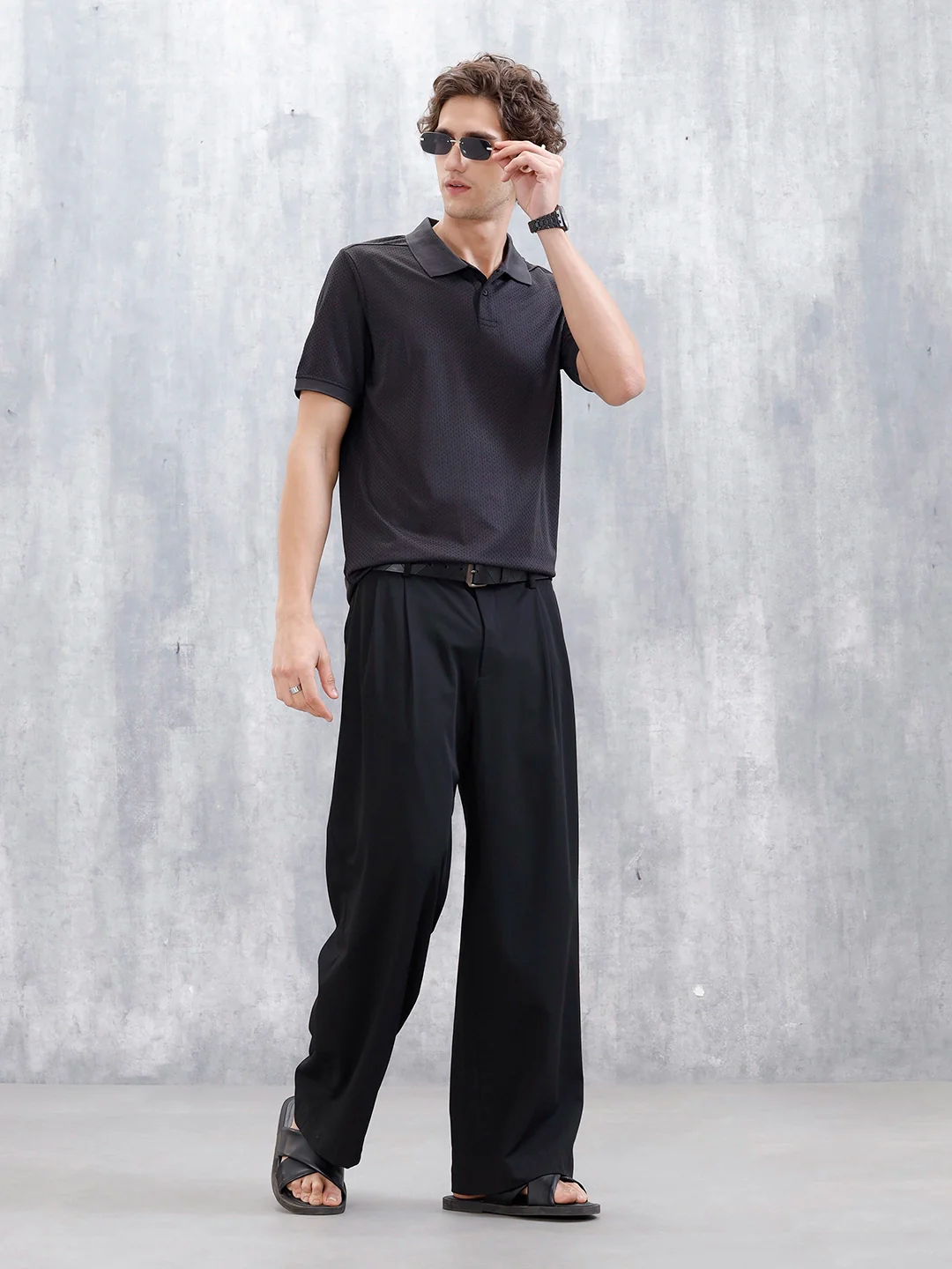 Textured Men's Casual Polo T-Shirt | Black - Image 2