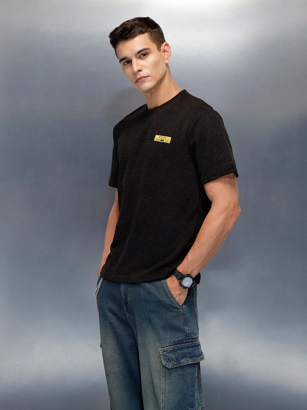Textured Men's Casual Regualr Fit T-Shirt | Black - Image 4