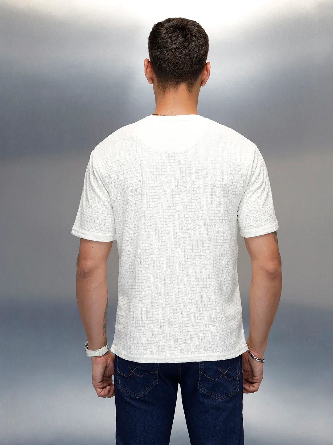 Textured Men's Casual Regular Fit T-Shirt | White - Image 3