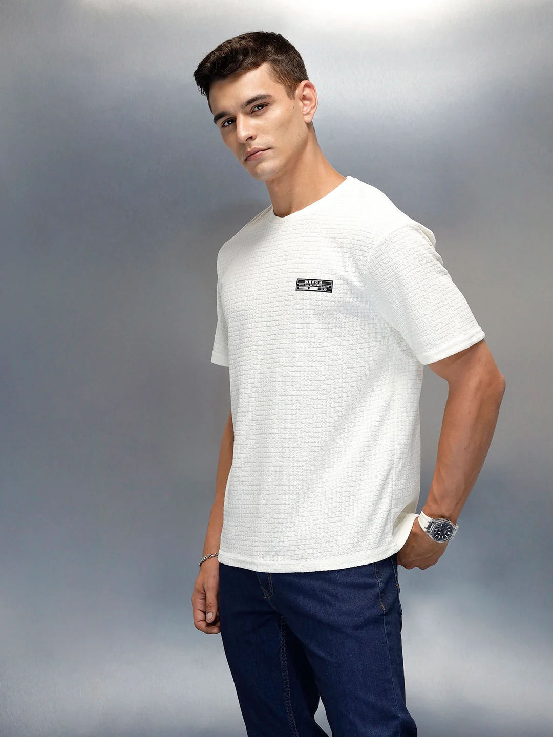 Textured Men's Casual Regular Fit T-Shirt | White - Image 4