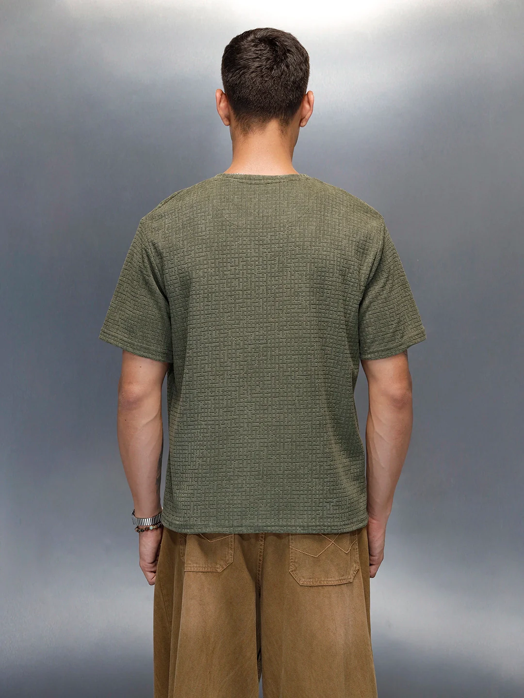 Textured Men's Casual Regualr Fit T-Shirt | Olive - Image 3