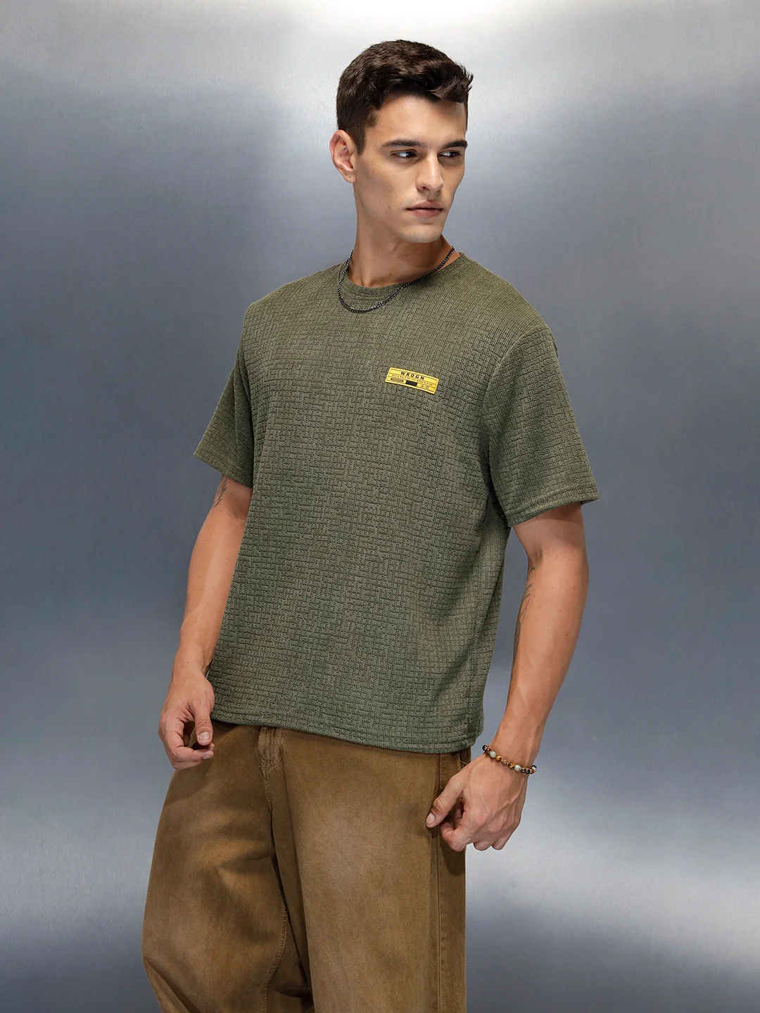Textured Men's Casual Regualr Fit T-Shirt | Olive - Image 4