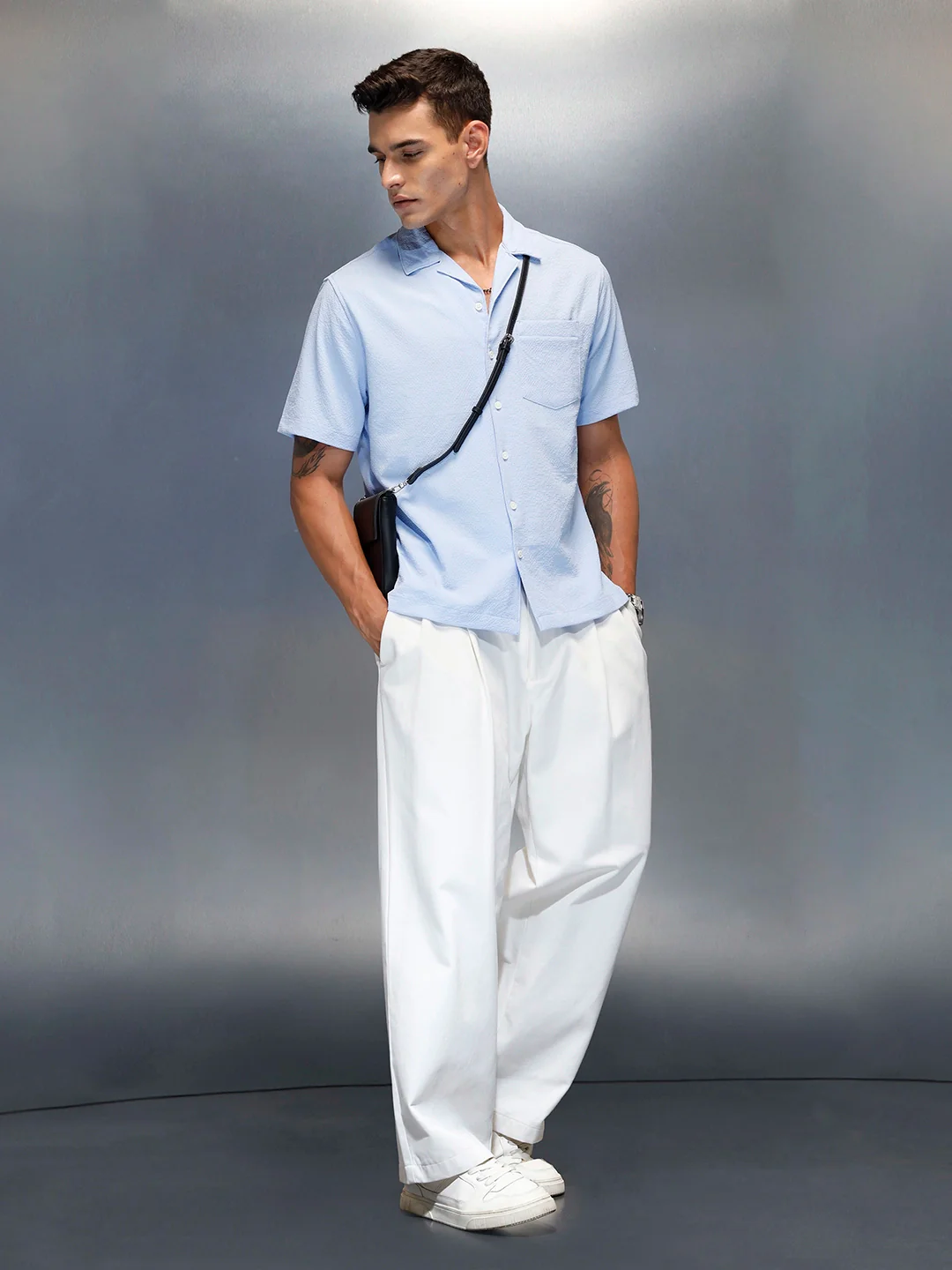Textured Men's Casual Resort Collar Shirt | Blue - Image 2