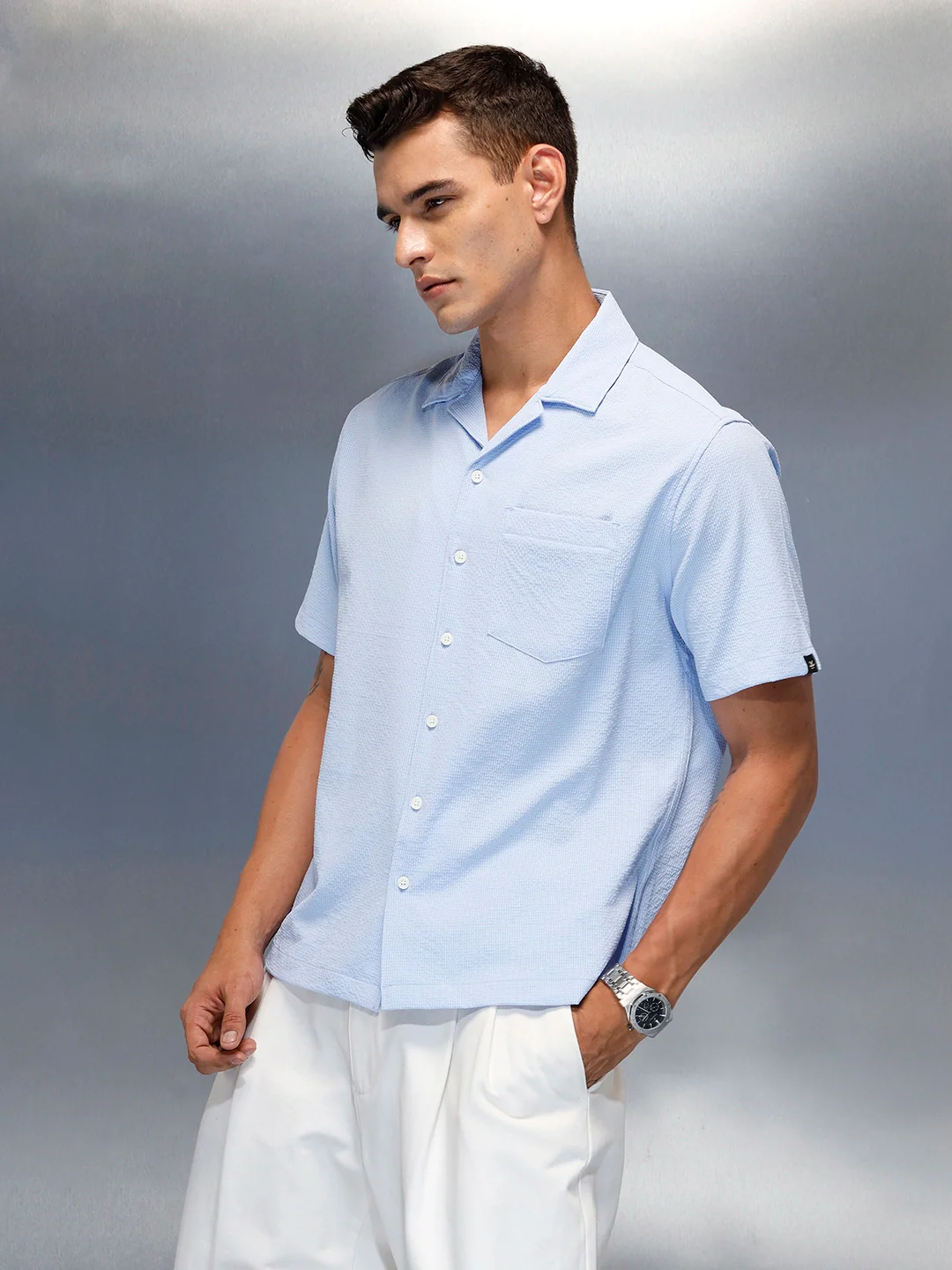 Textured Men's Casual Resort Collar Shirt | Blue - Image 4
