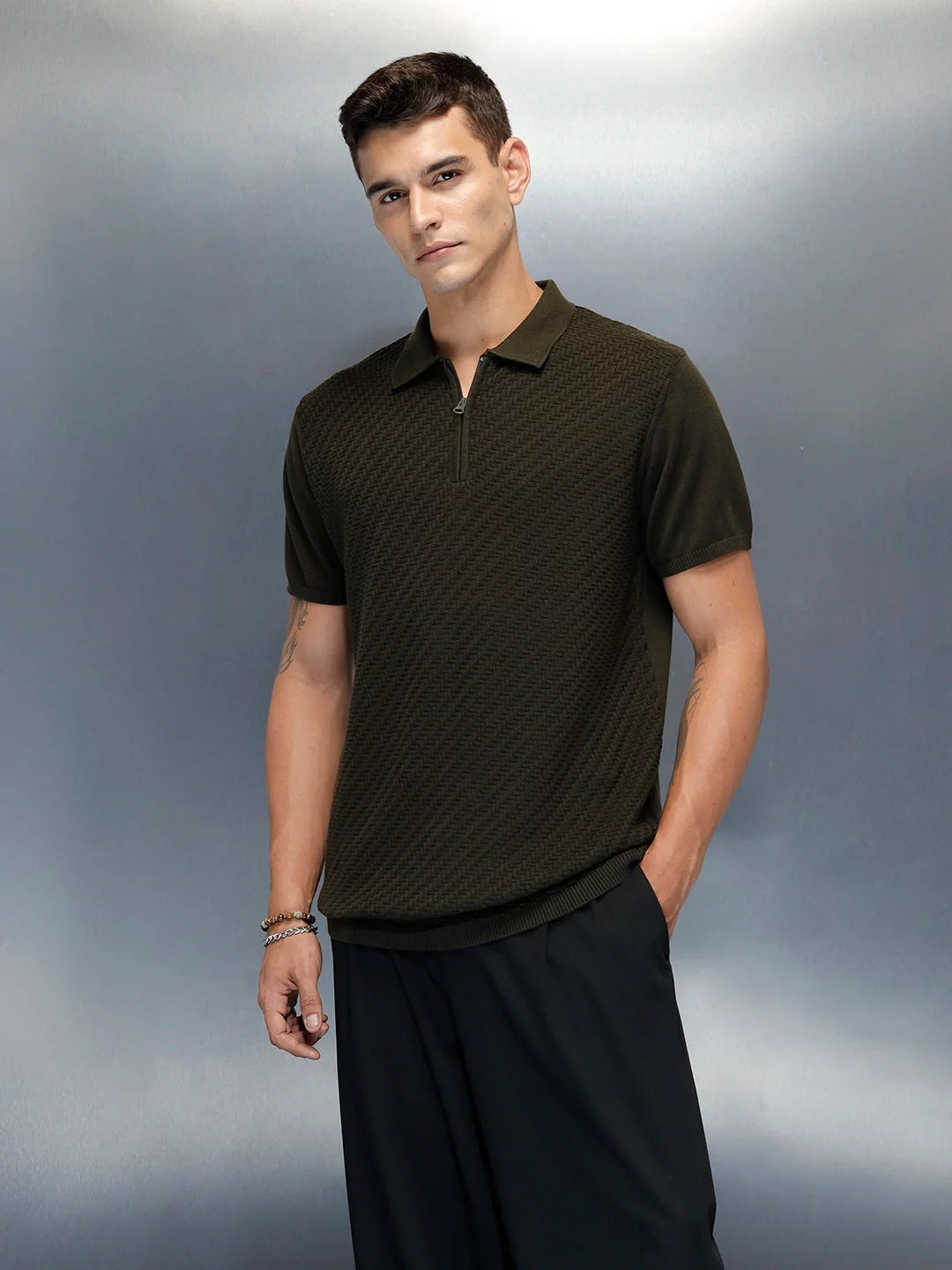 Textured Men's Casual Slim Fit Polo T-Shirt | Olive - Image 5