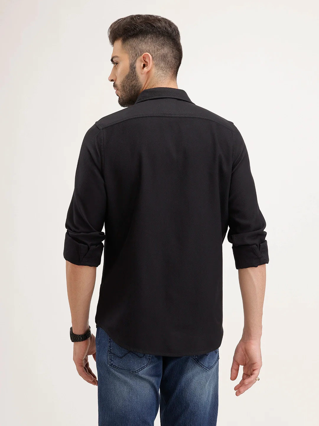 Textured Men's Casual Slim Fit Shirt | Black - Image 3