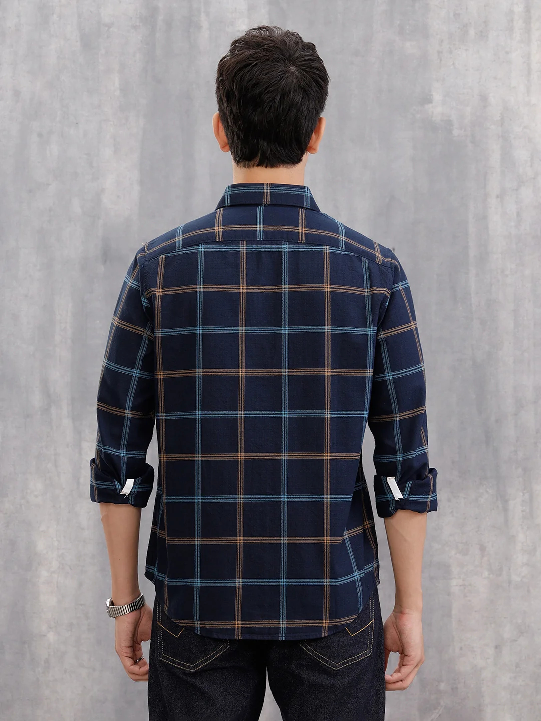 Textured Notebook Check Shirt In Slim Fit  | Navy Blue - Image 3