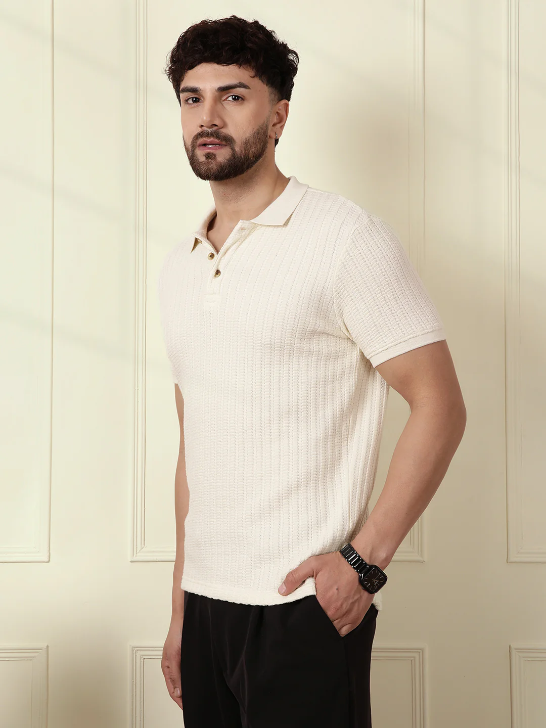 Solid Textured Polo | Off White - Image 4