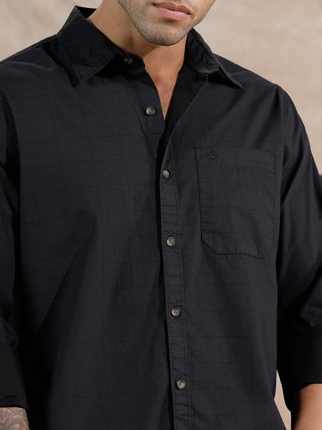 Textured Printed Checks Regular Fit Shirt | Black - Image 5