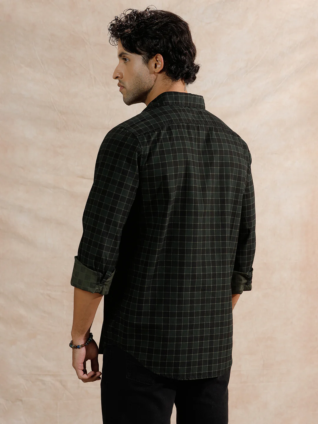 Textured Printed Checks Regular Fit Shirt | Dark Green - Image 3