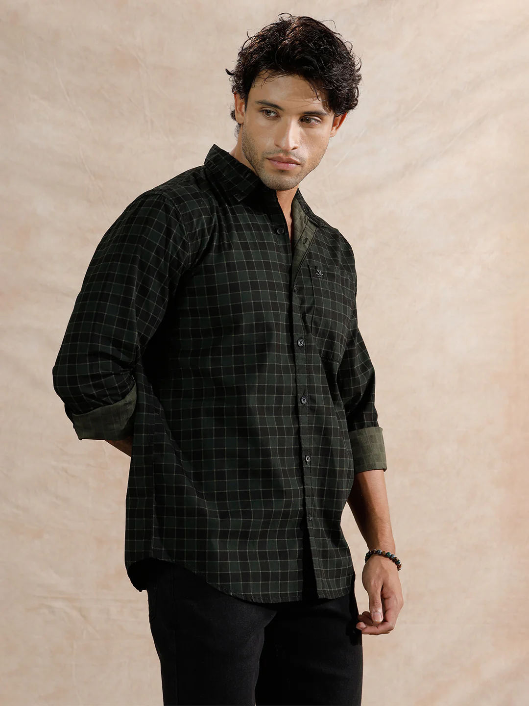 Textured Printed Checks Regular Fit Shirt | Dark Green - Image 4