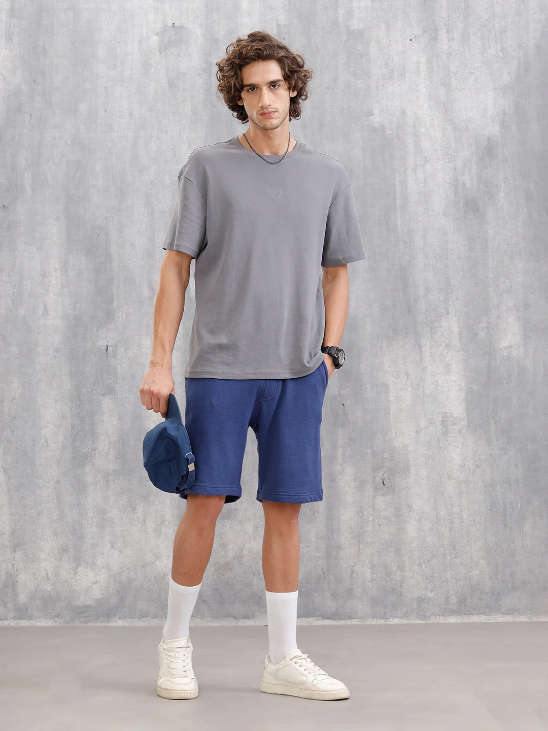 Textured Regular Fit Shorts With Logo Embroidery | Blue - Image 2