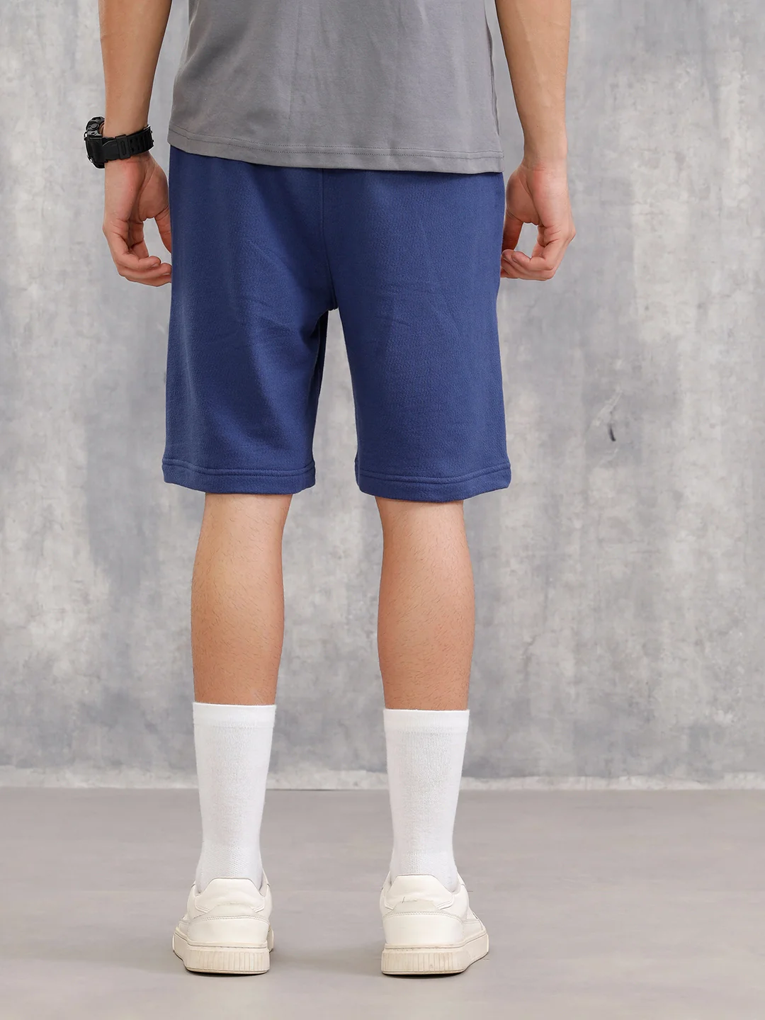 Textured Regular Fit Shorts With Logo Embroidery | Blue - Image 3
