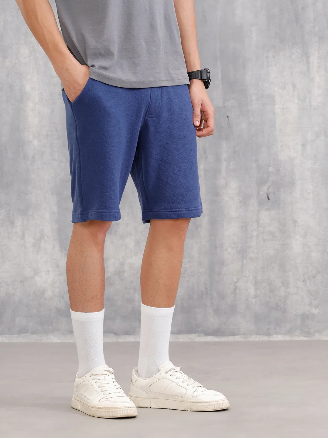 Textured Regular Fit Shorts With Logo Embroidery | Blue - Image 4