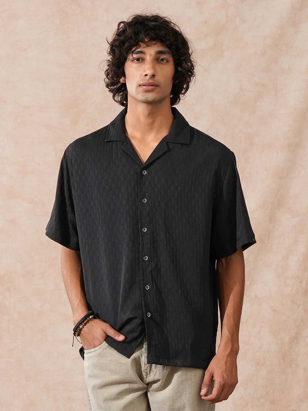 Textured Resort Collar Shirt | Black - Image 2