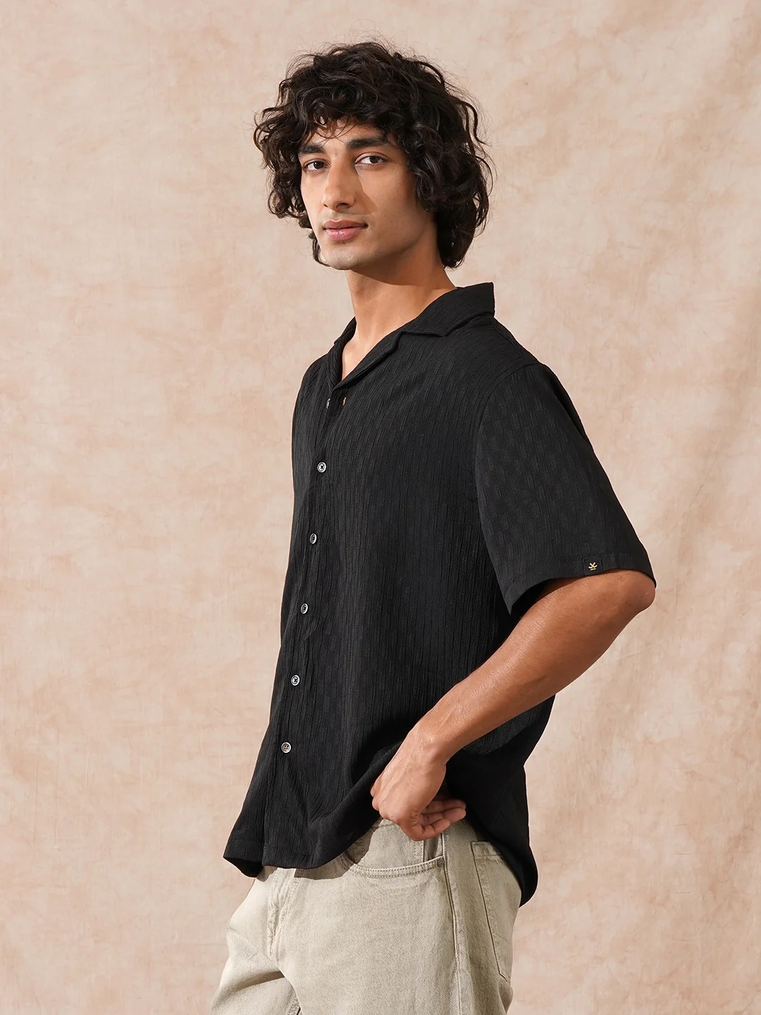 Textured Resort Collar Shirt | Black - Image 5