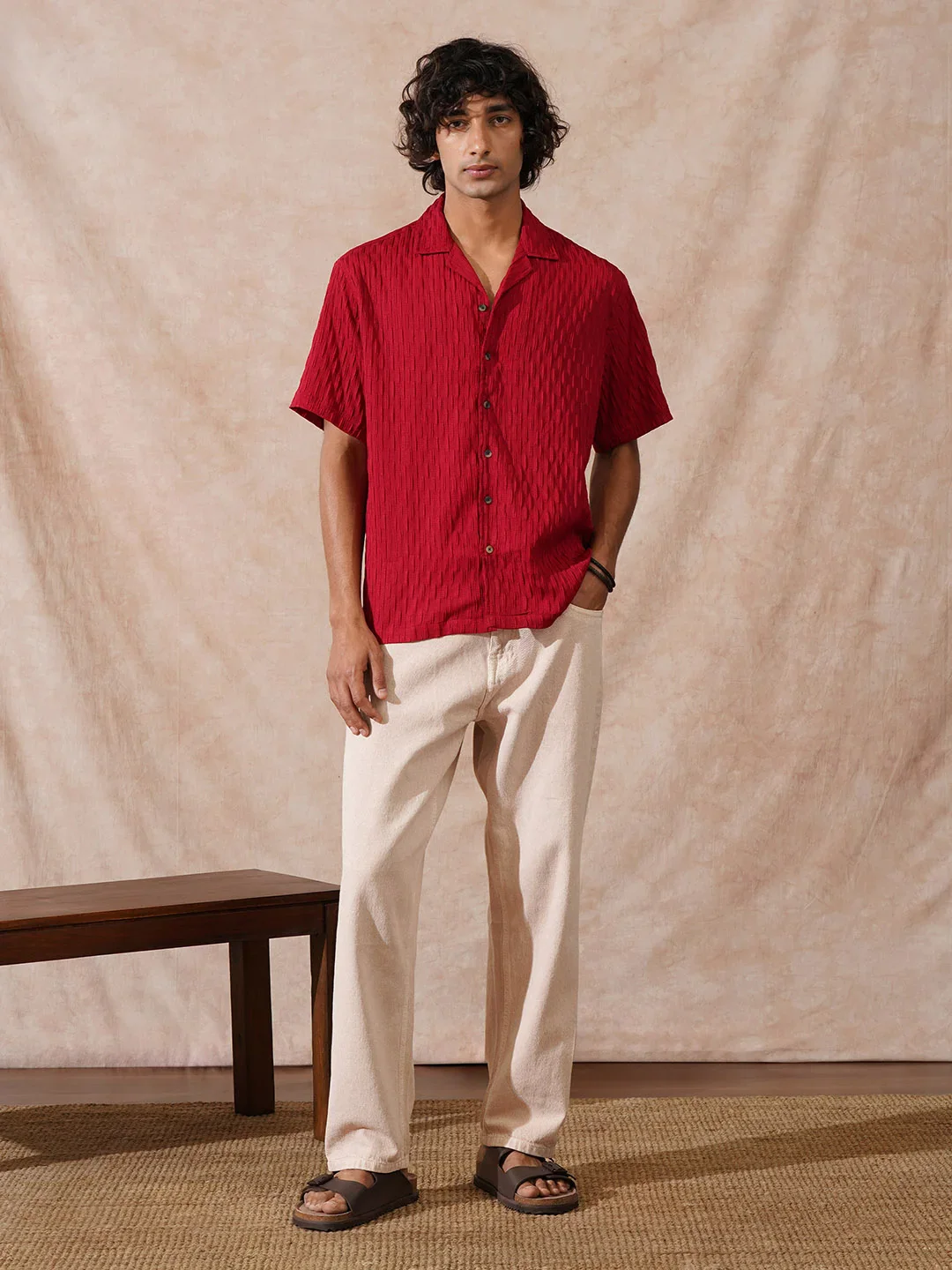 Textured Resort Collar Shirt | Red - Image 2