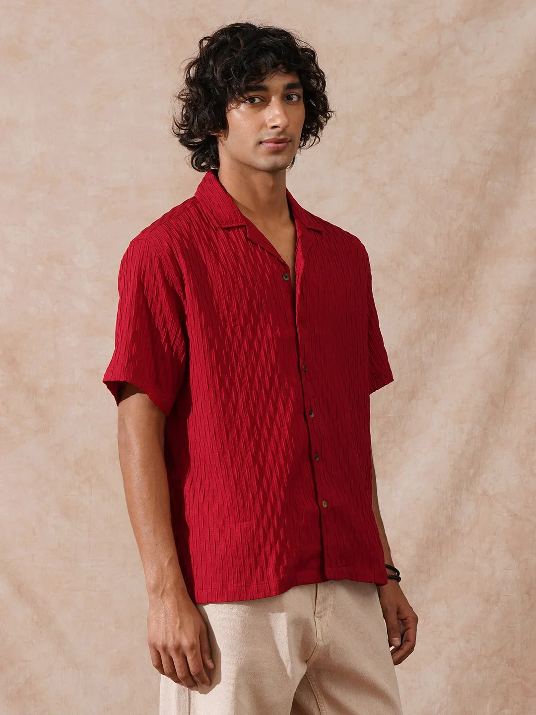 Textured Resort Collar Shirt | Red - Image 4